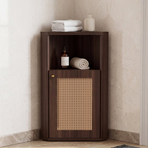 English Elm Omchom Farmhouse Corner Cabinet with Rattan Barn Doors and Adjustable Interior Shelf Brown B2764P518716