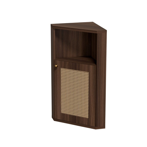 English Elm Omchom Farmhouse Corner Cabinet with Rattan Barn Doors and Adjustable Interior Shelf Brown B2764P518716