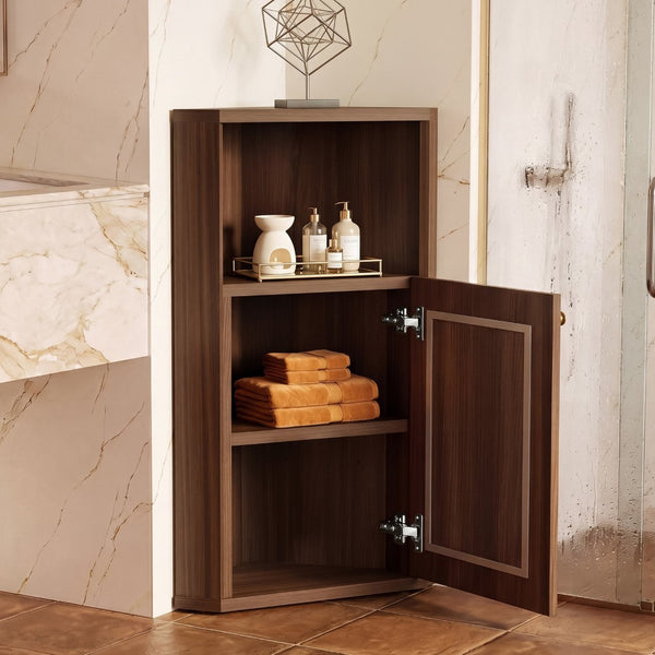 English Elm Omchom Farmhouse Corner Cabinet with Rattan Barn Doors and Adjustable Interior Shelf Brown B2764P518716