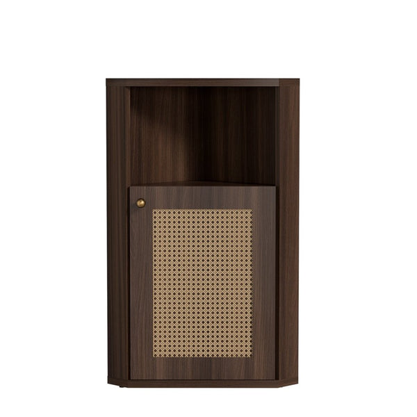 English Elm Omchom Farmhouse Corner Cabinet with Rattan Barn Doors and Adjustable Interior Shelf Brown B2764P518716