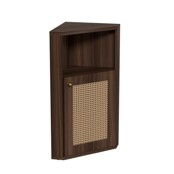 English Elm Omchom Farmhouse Corner Cabinet with Rattan Barn Doors and Adjustable Interior Shelf Brown B2764P518716