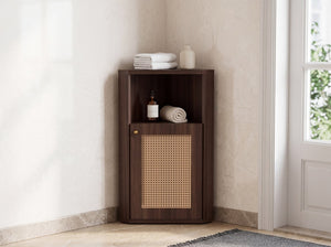 English Elm Omchom Farmhouse Corner Cabinet with Rattan Barn Doors and Adjustable Interior Shelf Brown B2764P518716