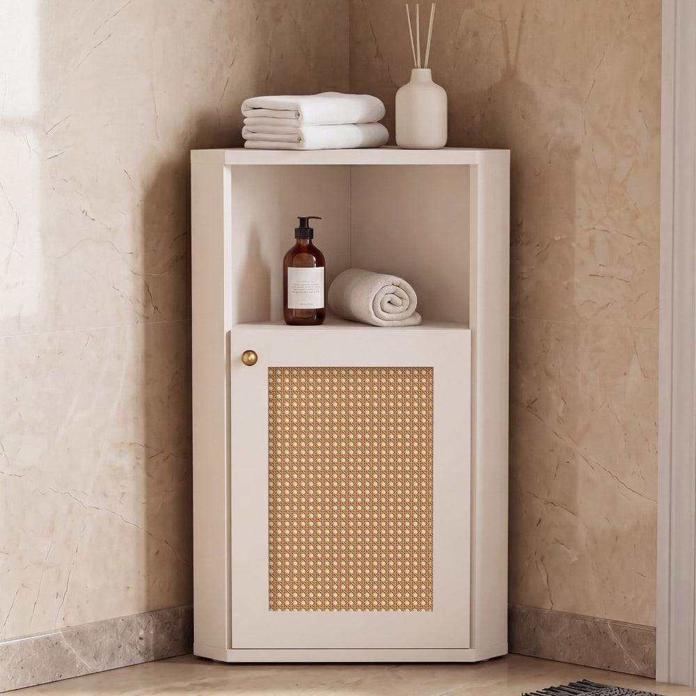English Elm Omchom Farmhouse Corner Cabinet with Rattan Barn Doors and Adjustable Interior Shelf White B2764P518717
