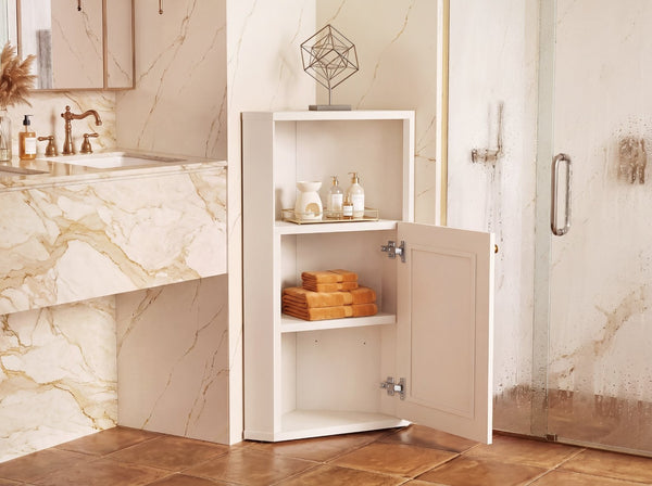 English Elm Omchom Farmhouse Corner Cabinet with Rattan Barn Doors and Adjustable Interior Shelf White B2764P518717