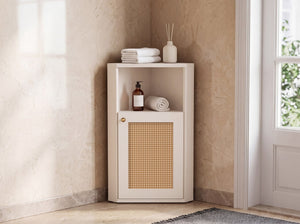 English Elm Omchom Farmhouse Corner Cabinet with Rattan Barn Doors and Adjustable Interior Shelf White B2764P518717