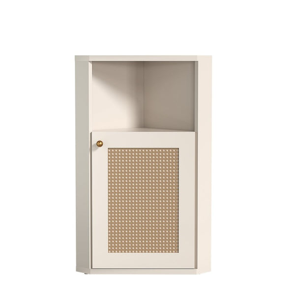 English Elm Omchom Farmhouse Corner Cabinet with Rattan Barn Doors and Adjustable Interior Shelf White B2764P518717