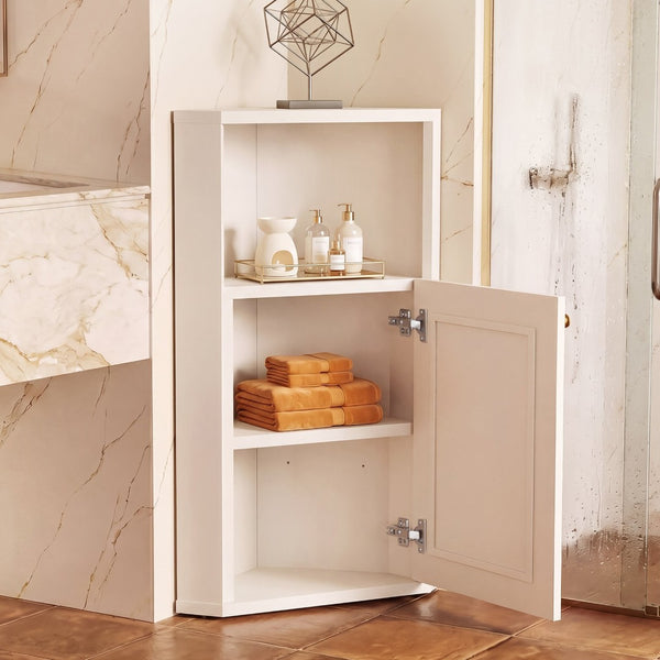 English Elm Omchom Farmhouse Corner Cabinet with Rattan Barn Doors and Adjustable Interior Shelf White B2764P518717