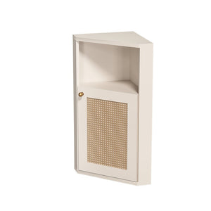 English Elm Omchom Farmhouse Corner Cabinet with Rattan Barn Doors and Adjustable Interior Shelf White B2764P518717