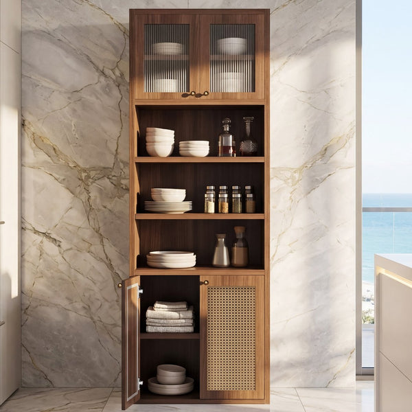 English Elm Omchom Rattan Door Tall Pantry Cabinet Walnut Finish Freestanding Kitchen Organizer Brown B2764P518718
