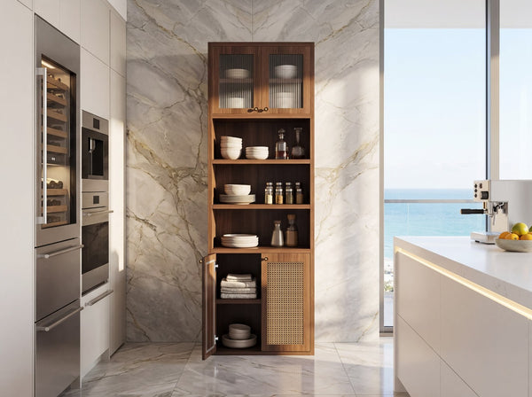 English Elm Omchom Rattan Door Tall Pantry Cabinet Walnut Finish Freestanding Kitchen Organizer Brown B2764P518718