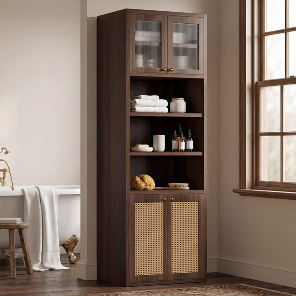 English Elm Omchom Rattan Door Tall Pantry Cabinet Walnut Finish Freestanding Kitchen Organizer Brown B2764P518718