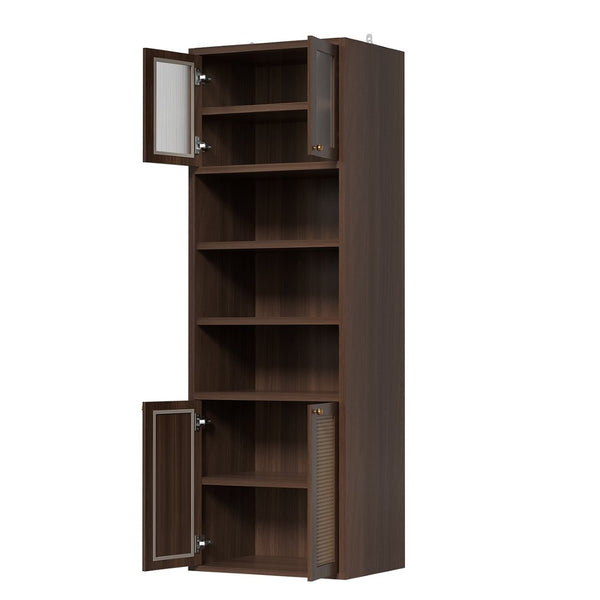 English Elm Omchom Rattan Door Tall Pantry Cabinet Walnut Finish Freestanding Kitchen Organizer Brown B2764P518718