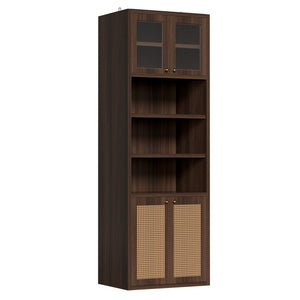 English Elm Omchom Rattan Door Tall Pantry Cabinet Walnut Finish Freestanding Kitchen Organizer Brown B2764P518718