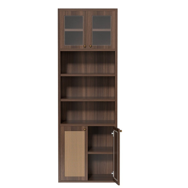 English Elm Omchom Rattan Door Tall Pantry Cabinet Walnut Finish Freestanding Kitchen Organizer Brown B2764P518718