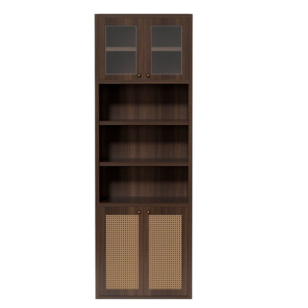 English Elm Omchom Rattan Door Tall Pantry Cabinet Walnut Finish Freestanding Kitchen Organizer Brown B2764P518718