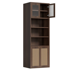 English Elm Omchom Rattan Door Tall Pantry Cabinet Walnut Finish Freestanding Kitchen Organizer Brown B2764P518718