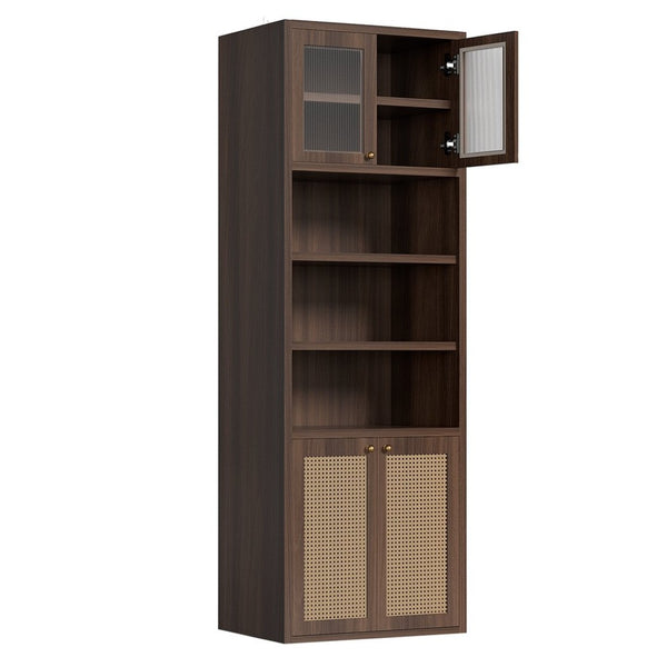 English Elm Omchom Rattan Door Tall Pantry Cabinet Walnut Finish Freestanding Kitchen Organizer Brown B2764P518718
