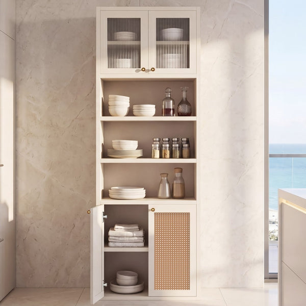 English Elm Omchom Rattan Door Tall Pantry Cabinet Walnut Finish Freestanding Kitchen Organizer White B2764P518719