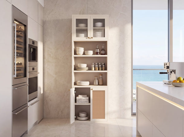 English Elm Omchom Rattan Door Tall Pantry Cabinet Walnut Finish Freestanding Kitchen Organizer White B2764P518719