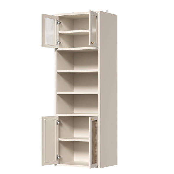 English Elm Omchom Rattan Door Tall Pantry Cabinet Walnut Finish Freestanding Kitchen Organizer White B2764P518719