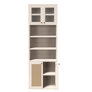 English Elm Omchom Rattan Door Tall Pantry Cabinet Walnut Finish Freestanding Kitchen Organizer White B2764P518719