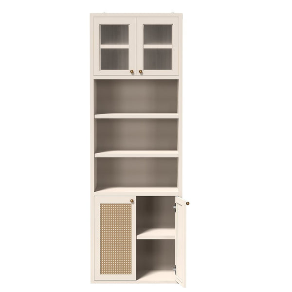 English Elm Omchom Rattan Door Tall Pantry Cabinet Walnut Finish Freestanding Kitchen Organizer White B2764P518719