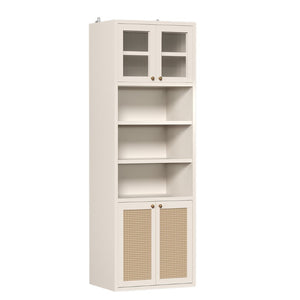 English Elm Omchom Rattan Door Tall Pantry Cabinet Walnut Finish Freestanding Kitchen Organizer White B2764P518719
