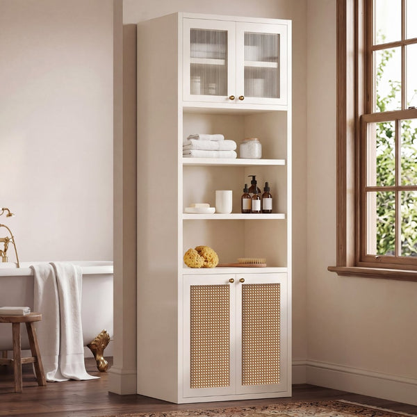 English Elm Omchom Rattan Door Tall Pantry Cabinet Walnut Finish Freestanding Kitchen Organizer White B2764P518719
