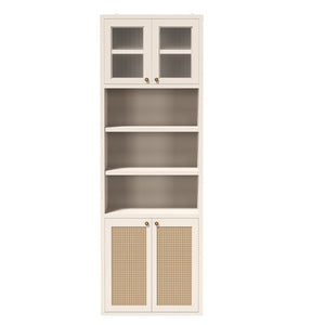 English Elm Omchom Rattan Door Tall Pantry Cabinet Walnut Finish Freestanding Kitchen Organizer White B2764P518719