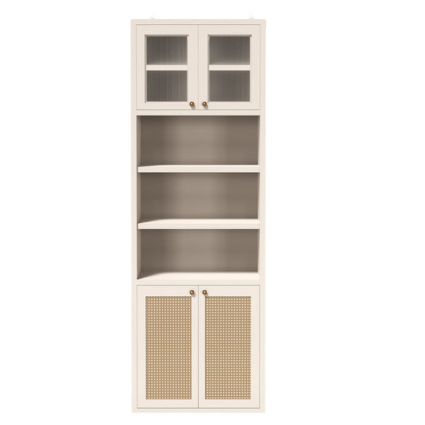 English Elm Omchom Rattan Door Tall Pantry Cabinet Walnut Finish Freestanding Kitchen Organizer White B2764P518719