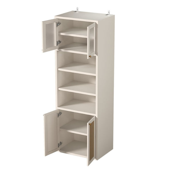 English Elm Omchom Rattan Door Tall Pantry Cabinet Walnut Finish Freestanding Kitchen Organizer White B2764P518719