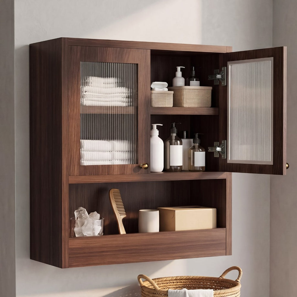 English Elm Omchom Farmhouse Bathroom Wall Cabinet with Acrylic Doors Adjustable Shelf and Paper Holder Brown B2764P518720