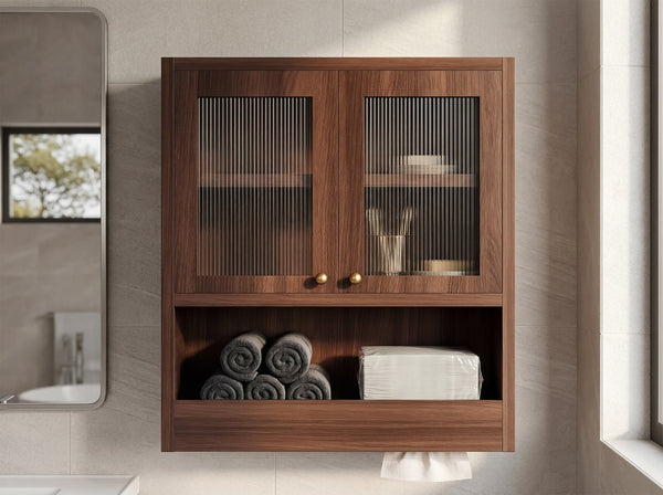 English Elm Omchom Farmhouse Bathroom Wall Cabinet with Acrylic Doors Adjustable Shelf and Paper Holder Brown B2764P518720