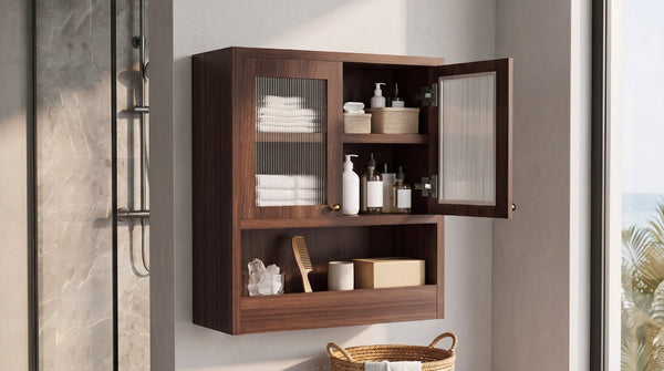 English Elm Omchom Farmhouse Bathroom Wall Cabinet with Acrylic Doors Adjustable Shelf and Paper Holder Brown B2764P518720
