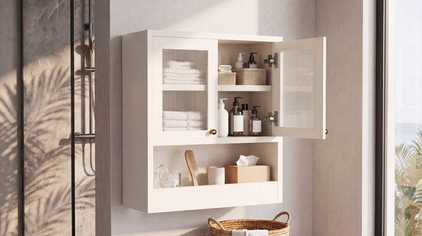 English Elm Omchom Farmhouse Bathroom Wall Cabinet with Acrylic Doors Adjustable Shelf and Paper Holder White B2764P518721