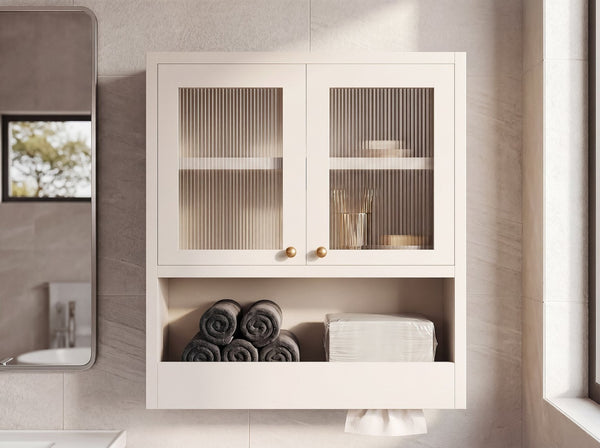 English Elm Omchom Farmhouse Bathroom Wall Cabinet with Acrylic Doors Adjustable Shelf and Paper Holder White B2764P518721