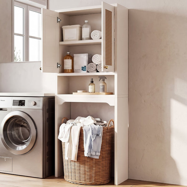 English Elm Over Toilet Freestanding Farmhouse Cabinet with Rattan Doors Open Shelf Bathroom Organizer White B2764P518723