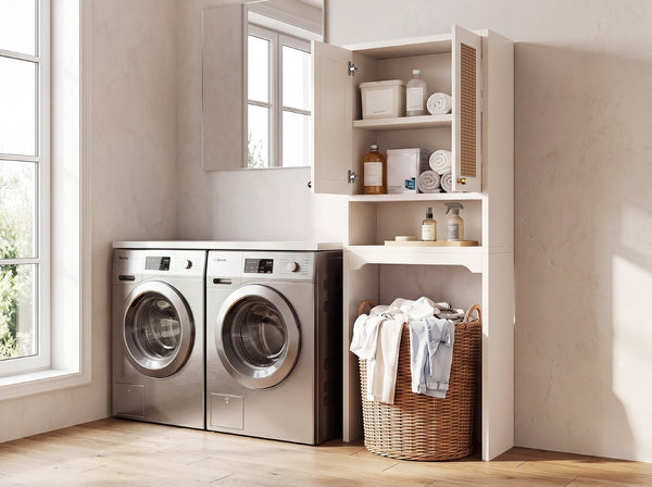 English Elm Over Toilet Freestanding Farmhouse Cabinet with Rattan Doors Open Shelf Bathroom Organizer White B2764P518723