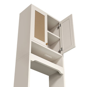English Elm Over Toilet Freestanding Farmhouse Cabinet with Rattan Doors Open Shelf Bathroom Organizer White B2764P518723