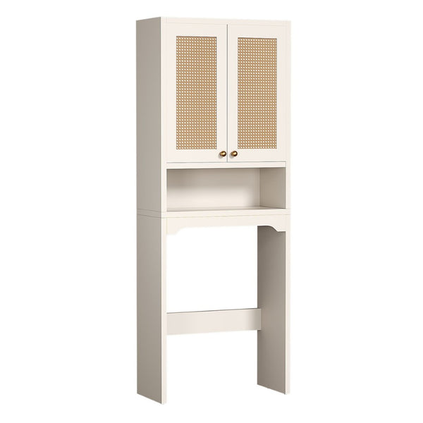 English Elm Over Toilet Freestanding Farmhouse Cabinet with Rattan Doors Open Shelf Bathroom Organizer White B2764P518723
