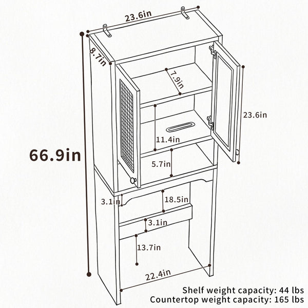 English Elm Over Toilet Freestanding Farmhouse Cabinet with Rattan Doors Open Shelf Bathroom Organizer White B2764P518723