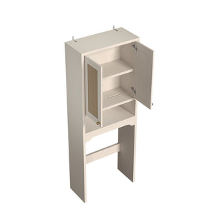 English Elm Over Toilet Freestanding Farmhouse Cabinet with Rattan Doors Open Shelf Bathroom Organizer White B2764P518723