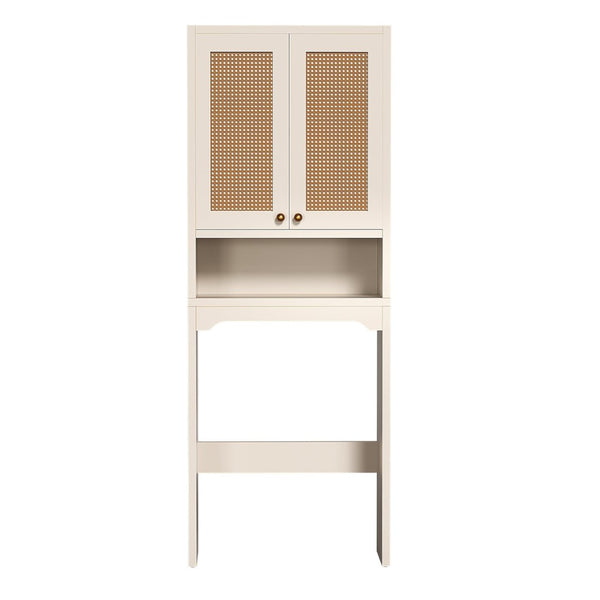 English Elm Over Toilet Freestanding Farmhouse Cabinet with Rattan Doors Open Shelf Bathroom Organizer White B2764P518723