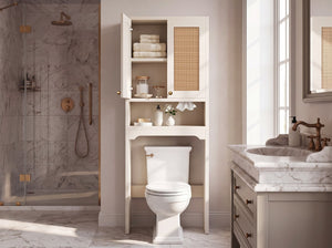 English Elm Over Toilet Freestanding Farmhouse Cabinet with Rattan Doors Open Shelf Bathroom Organizer White B2764P518723