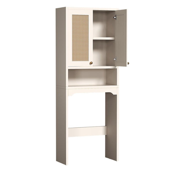 English Elm Over Toilet Freestanding Farmhouse Cabinet with Rattan Doors Open Shelf Bathroom Organizer White B2764P518723