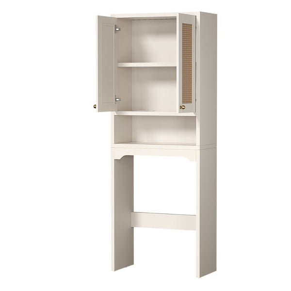 English Elm Over Toilet Freestanding Farmhouse Cabinet with Rattan Doors Open Shelf Bathroom Organizer White B2764P518723
