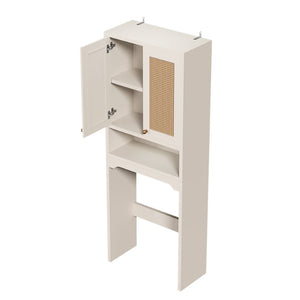 English Elm Over Toilet Freestanding Farmhouse Cabinet with Rattan Doors Open Shelf Bathroom Organizer White B2764P518723