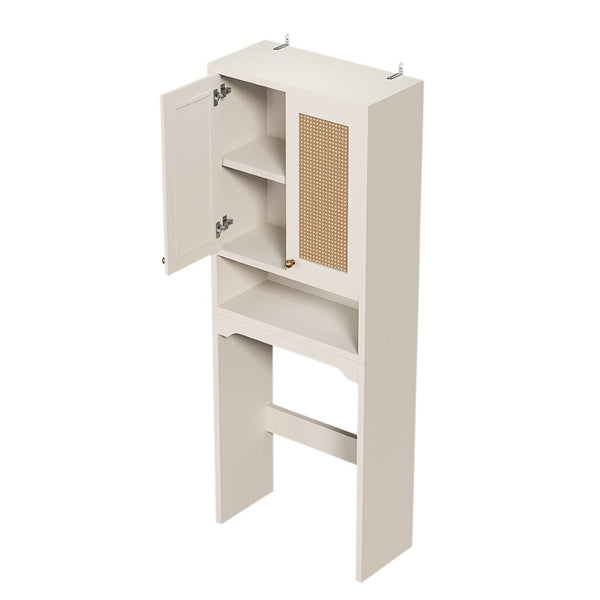 English Elm Over Toilet Freestanding Farmhouse Cabinet with Rattan Doors Open Shelf Bathroom Organizer White B2764P518723
