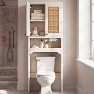 English Elm Over Toilet Freestanding Farmhouse Cabinet with Rattan Doors Open Shelf Bathroom Organizer White B2764P518723