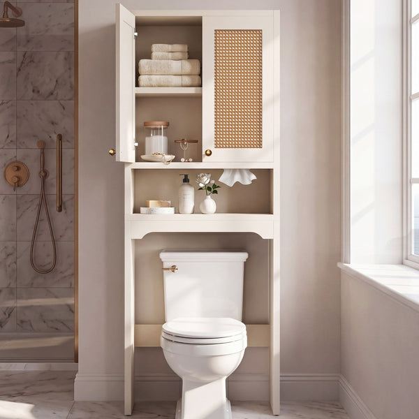 English Elm Over Toilet Freestanding Farmhouse Cabinet with Rattan Doors Open Shelf Bathroom Organizer White B2764P518723